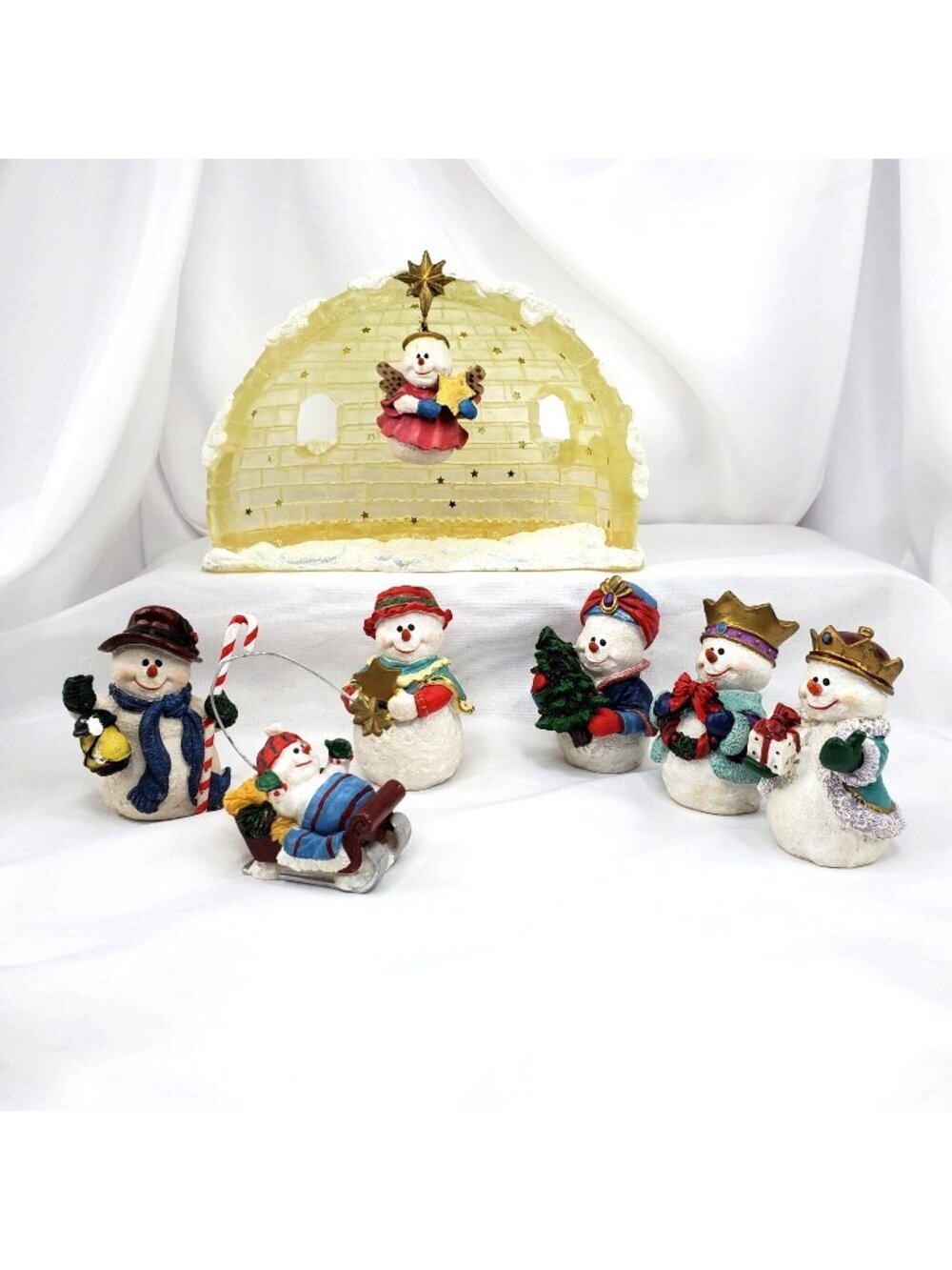 VTG Snowman Nativity Figurine Set With Angel & Igloo Scene Christmas 6 Pieces